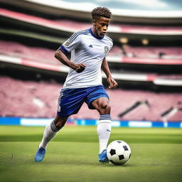 Create an image of a soccer player in action on the field, wearing a uniform and cleats, dribbling the soccer ball