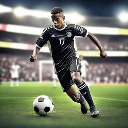 Create an image of a soccer player in action on the field, wearing a uniform and cleats, dribbling the soccer ball