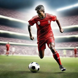 Create an image of a soccer player in action on the field, wearing a uniform and cleats, dribbling the soccer ball