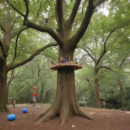 A plethora of nuts scattered around, amusing toys in play, and a tree-top acrobatics course suspended between tall, leafy trees.