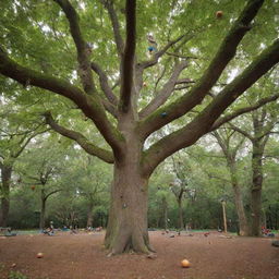 A plethora of nuts scattered around, amusing toys in play, and a tree-top acrobatics course suspended between tall, leafy trees.