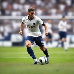 Create an image of a soccer player in action on the field, wearing a Tottenham Hotspur uniform and cleats, dribbling the soccer ball