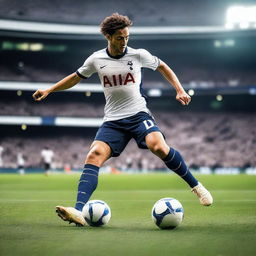 Create an image of a soccer player in action on the field, wearing a Tottenham Hotspur uniform and cleats, dribbling the soccer ball