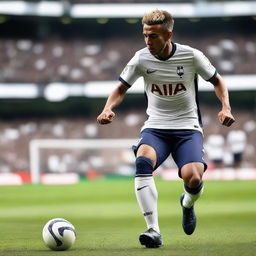 Create an image of a soccer player in action on the field, wearing a Tottenham Hotspur uniform and cleats, dribbling the soccer ball