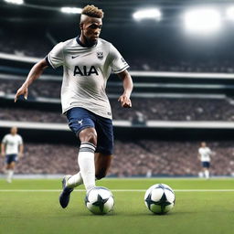 Create an image of a soccer player in action on the field, wearing a Tottenham Hotspur uniform and cleats, dribbling the soccer ball