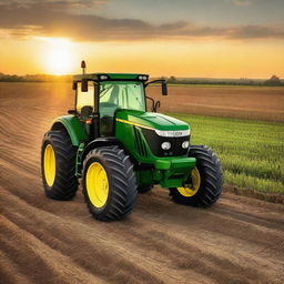 A John Deere 9Rx tractor farming a field at sunset