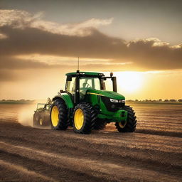 A John Deere 9Rx tractor farming a field at sunset