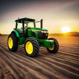 A John Deere 9Rx tractor farming a field at sunset