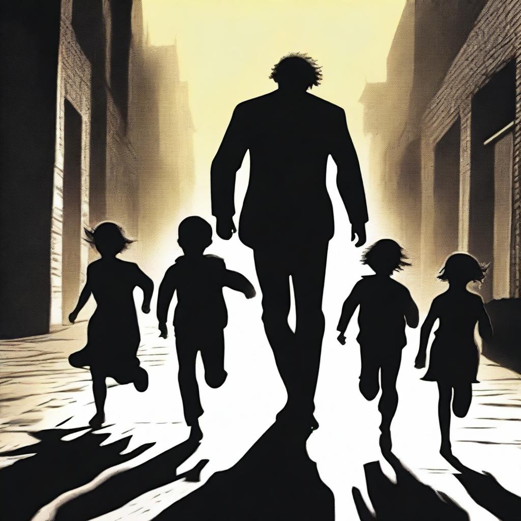 A tall, imposing man chasing a group of small children through a dimly lit area