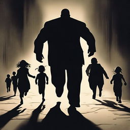 A tall, imposing man chasing a group of small children through a dimly lit area