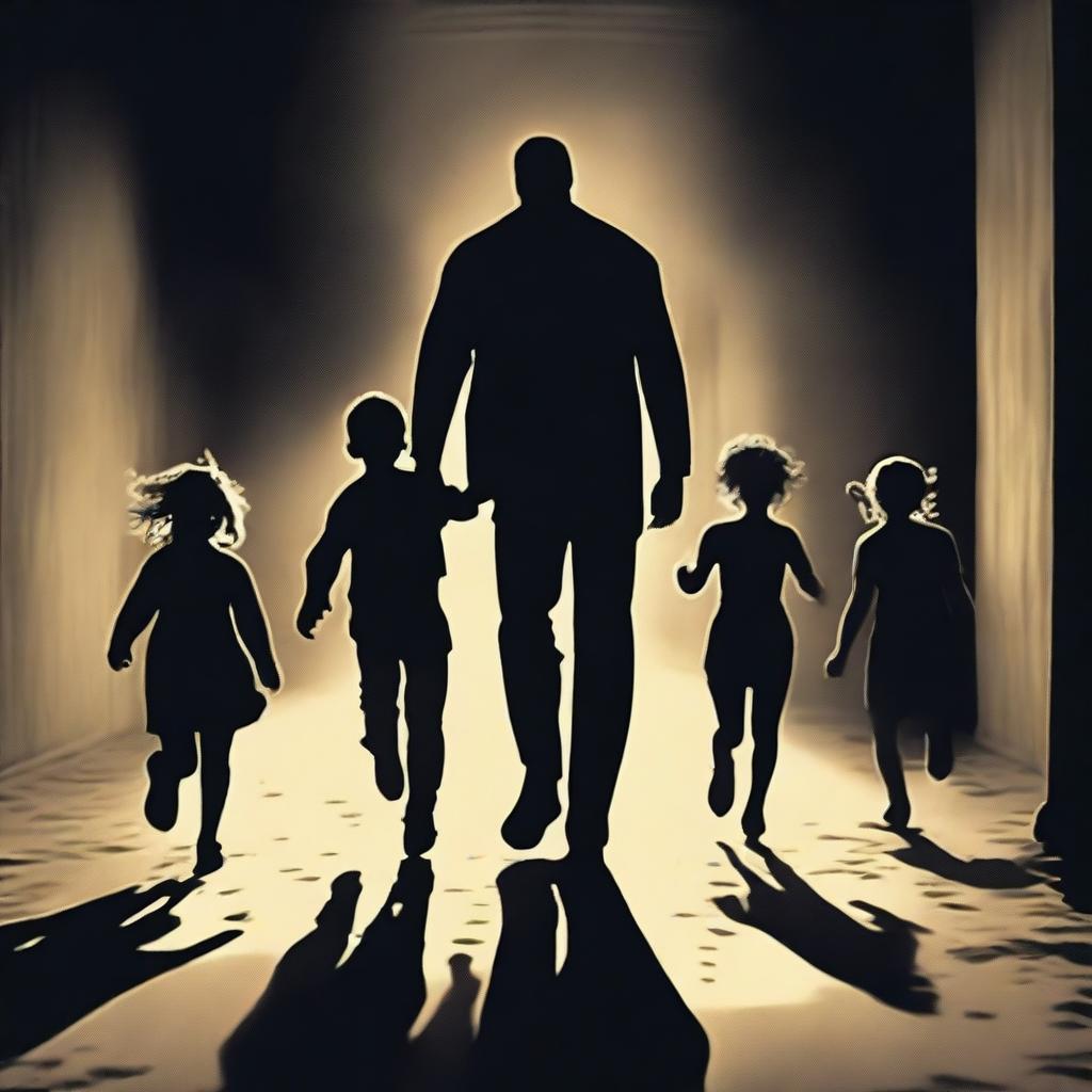 A tall, imposing man chasing a group of small children through a dimly lit area