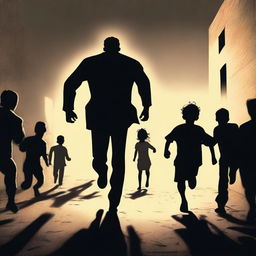 A tall, imposing man chasing a group of small children through a dimly lit area