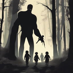 In a dark and eerie forest, a towering man is chasing a group of small children who are running away in fear