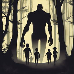 In a dark and eerie forest, a towering man is chasing a group of small children who are running away in fear