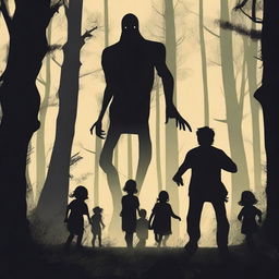 In a dark and eerie forest, a towering man is chasing a group of small children who are running away in fear