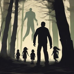 In a dark and eerie forest, a towering man is chasing a group of small children who are running away in fear