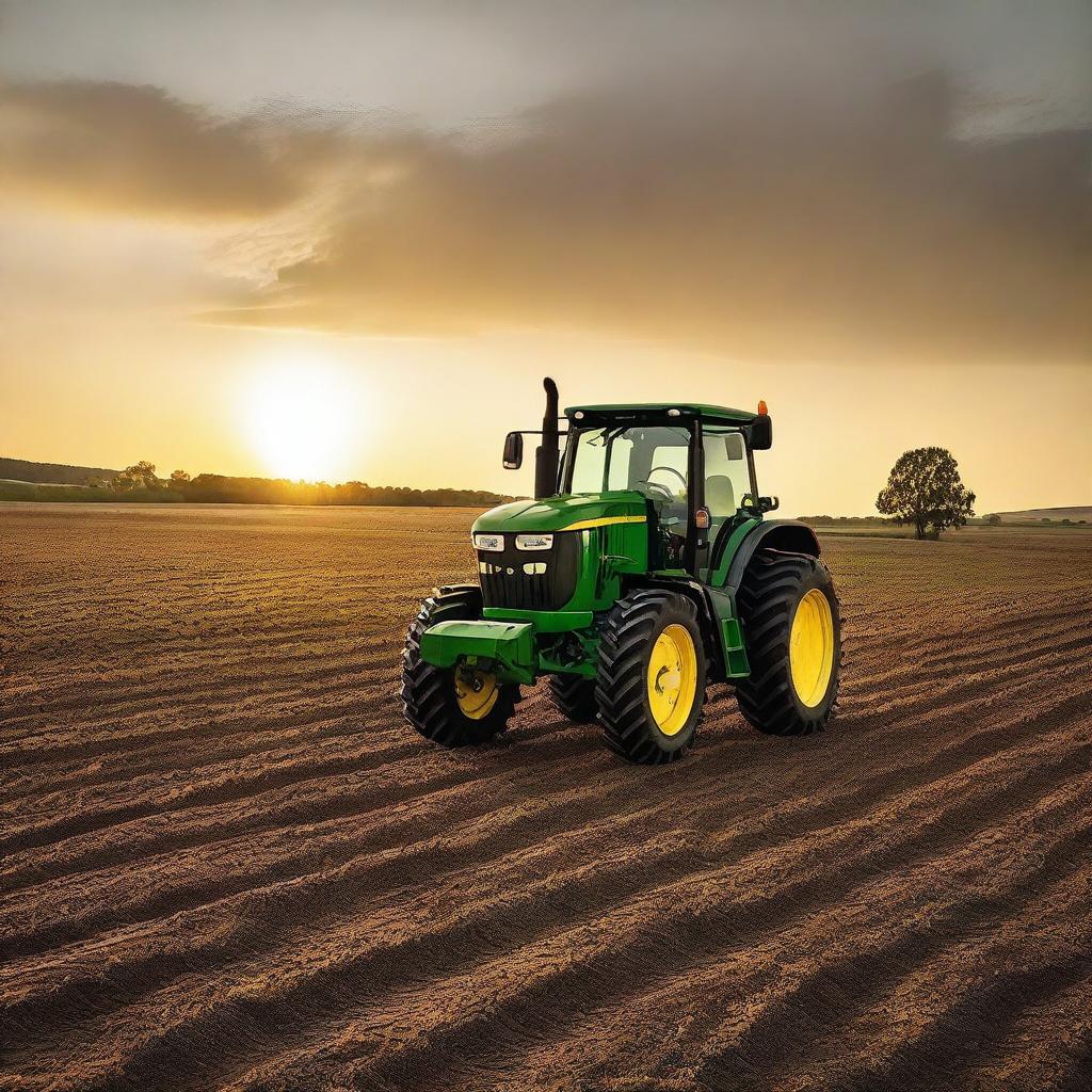 A John Deere 9 Series tractor farming a field at sunset