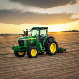 A John Deere 9 Series tractor farming a field at sunset