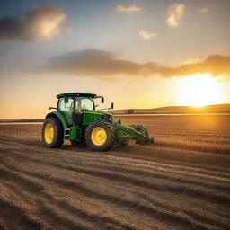 A John Deere 9 Series tractor farming a field at sunset