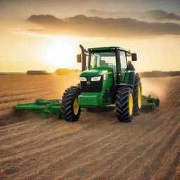 A John Deere 9 Series tractor farming a field at sunset