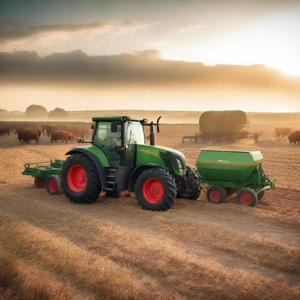 A Fendt Vario 818 tractor feeding cows with a feed wagon at sunset