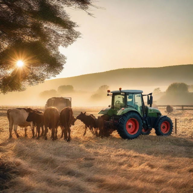 A Fendt Vario 818 tractor feeding cows with a feed wagon at sunset