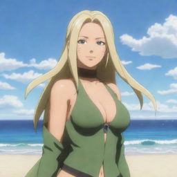 Tsunade Senju, a character from Naruto, enjoying a day on a sunlit beach, with the shimmering sea in the background