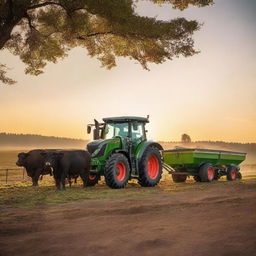 A Fendt Vario 818 tractor feeding cows with a feed wagon at sunset