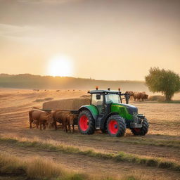 A Fendt Vario 818 tractor feeding cows with a feed wagon at sunset