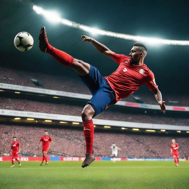 An action-packed image of a football player performing a bicycle kick during a match