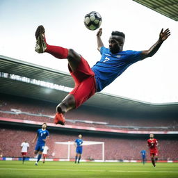 An action-packed image of a football player performing a bicycle kick during a match