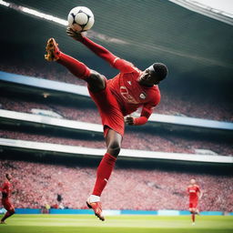 An action-packed image of a football player performing a bicycle kick during a match