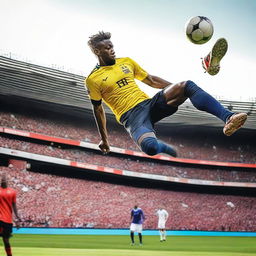 An action-packed image of a football player performing a bicycle kick during a match