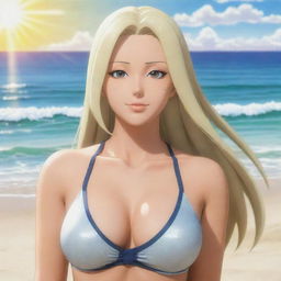 Tsunade Senju, a character from Naruto, enjoying a day on a sunlit beach, with the shimmering sea in the background