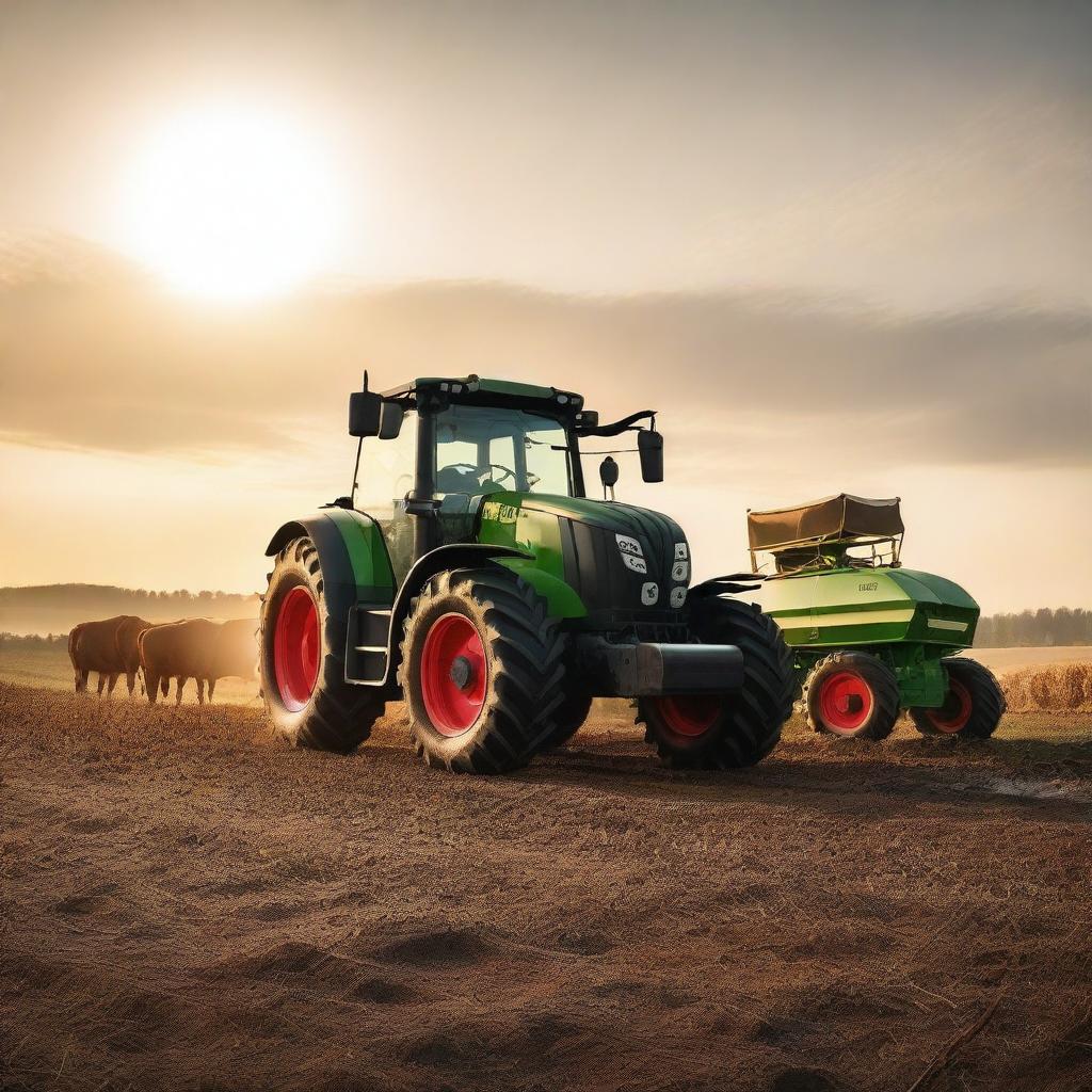 A Fendt Vario 818 tractor feeding cows at sunset