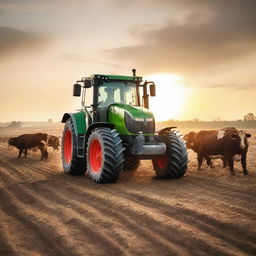 A Fendt Vario 818 tractor feeding cows at sunset