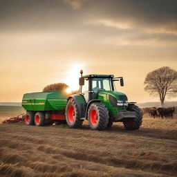 A Fendt Vario 818 tractor feeding cows at sunset