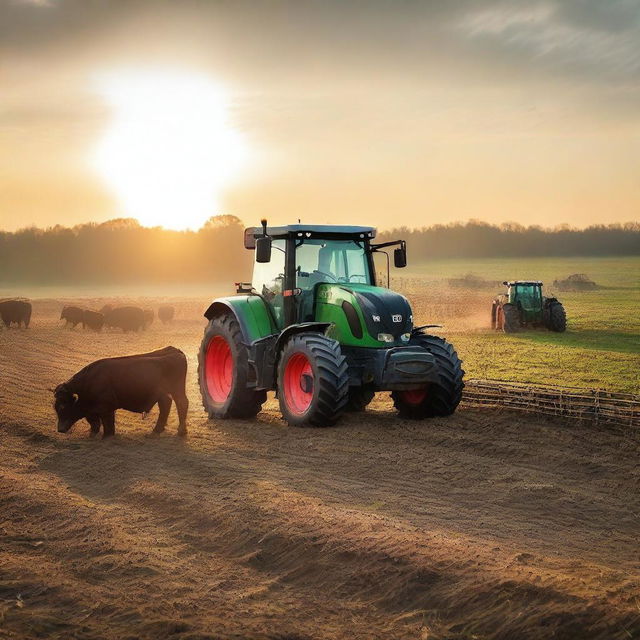 A Fendt Vario 818 tractor feeding cows at sunset