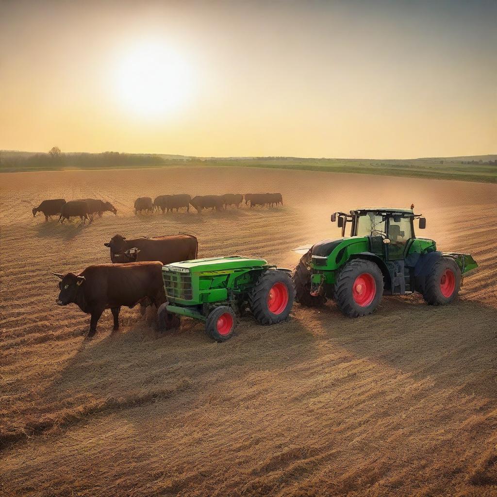 A Fendt Vario 818 tractor feeding cows at sunset