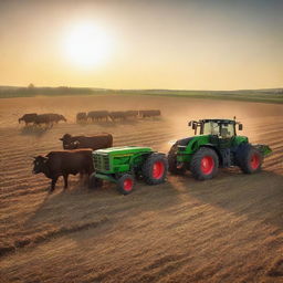 A Fendt Vario 818 tractor feeding cows at sunset