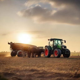 A Fendt Vario 818 tractor feeding cows at sunset