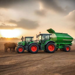 A Fendt Vario 818 tractor feeding cows at sunset