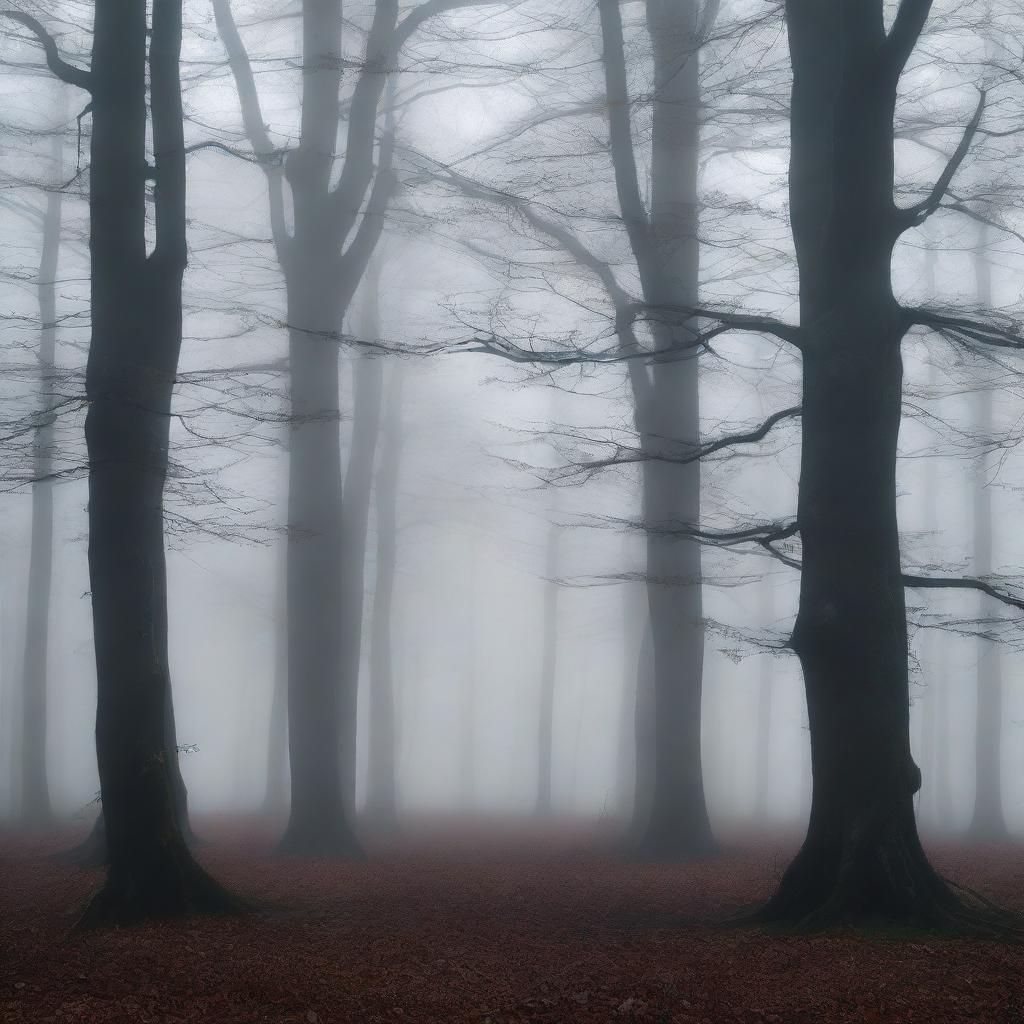 A dark and misty forest with tall, ancient trees shrouded in thick fog