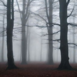 A dark and misty forest with tall, ancient trees shrouded in thick fog