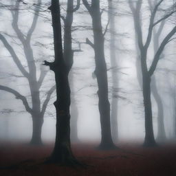 A dark and misty forest with tall, ancient trees shrouded in thick fog