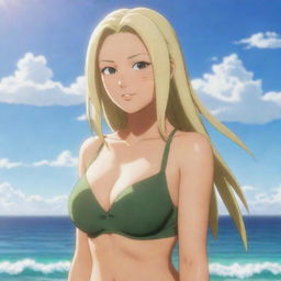 Tsunade Senju, a character from Naruto, enjoying a day on a sunlit beach, with the shimmering sea in the background