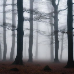 A dark and misty forest with tall, ancient trees shrouded in thick fog