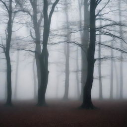 A dark and misty forest with tall, ancient trees shrouded in thick fog