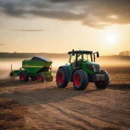 A Fendt tractor feeding cows at sunset