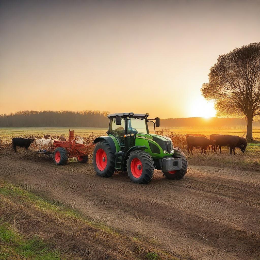 A Fendt tractor feeding cows at sunset